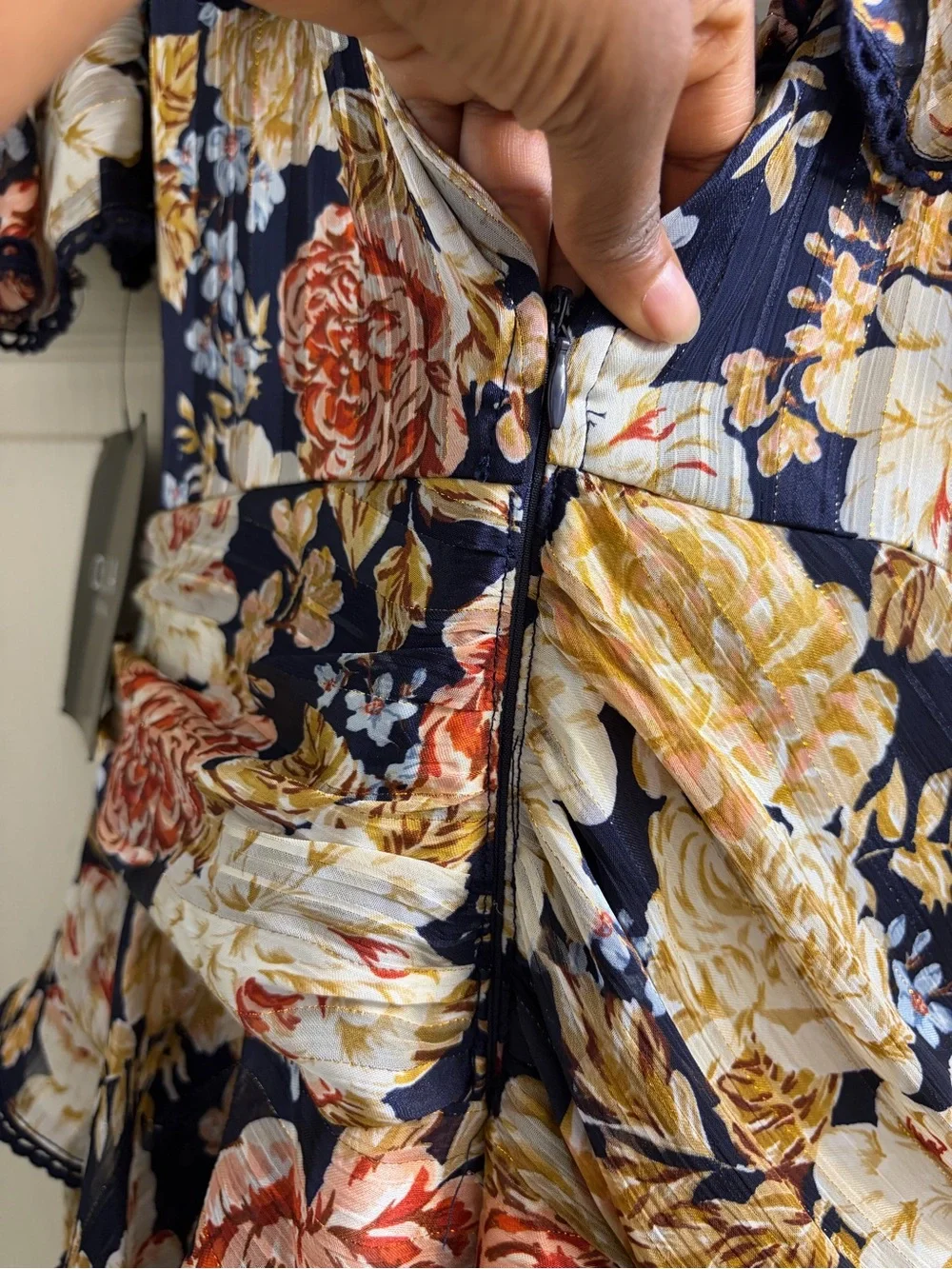 Floral Ruffle Midi Dress - Navy with Cream & Rose Accents